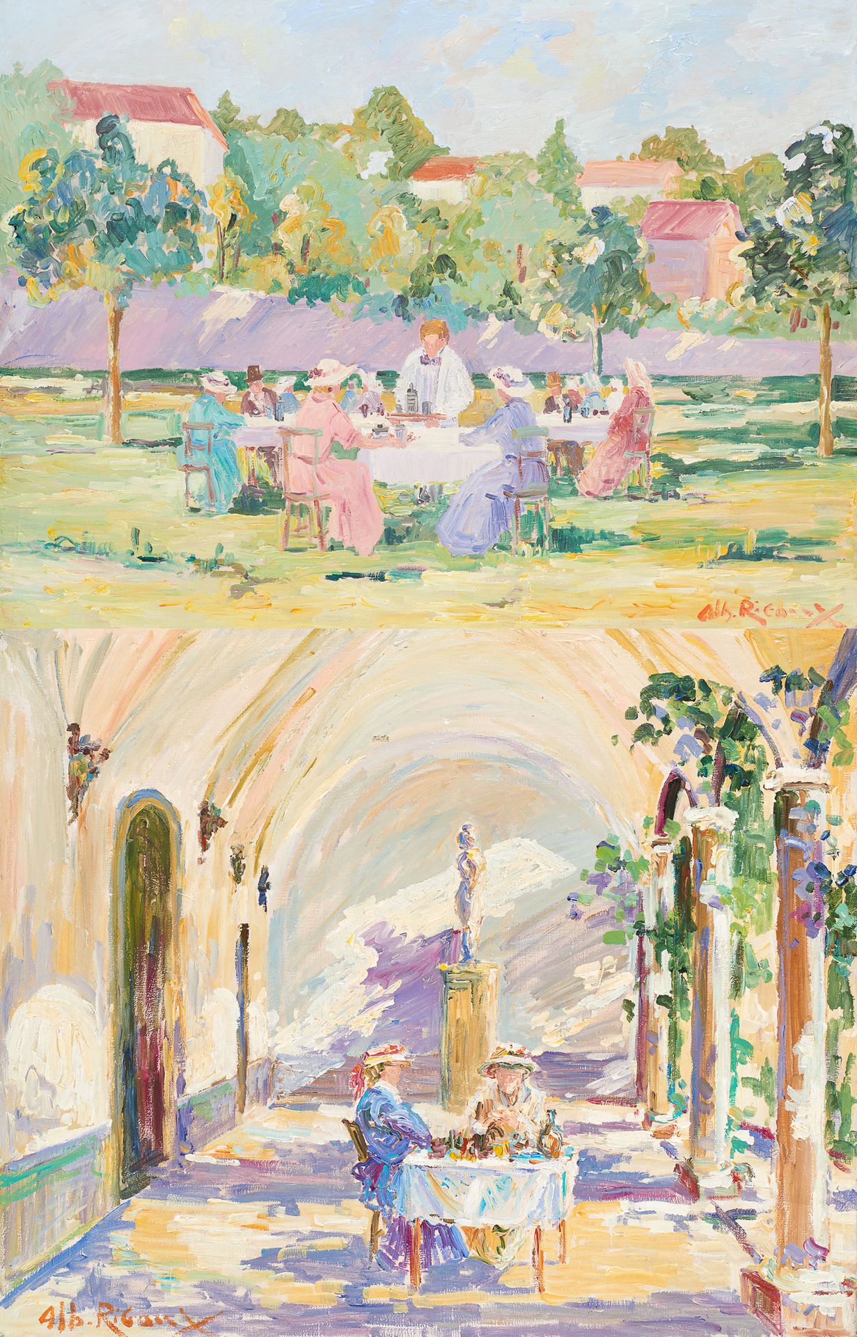 Albert RIGAUX École belge (1954) Oils on canvas (set of two): "Déjeuner sous la &hellip;