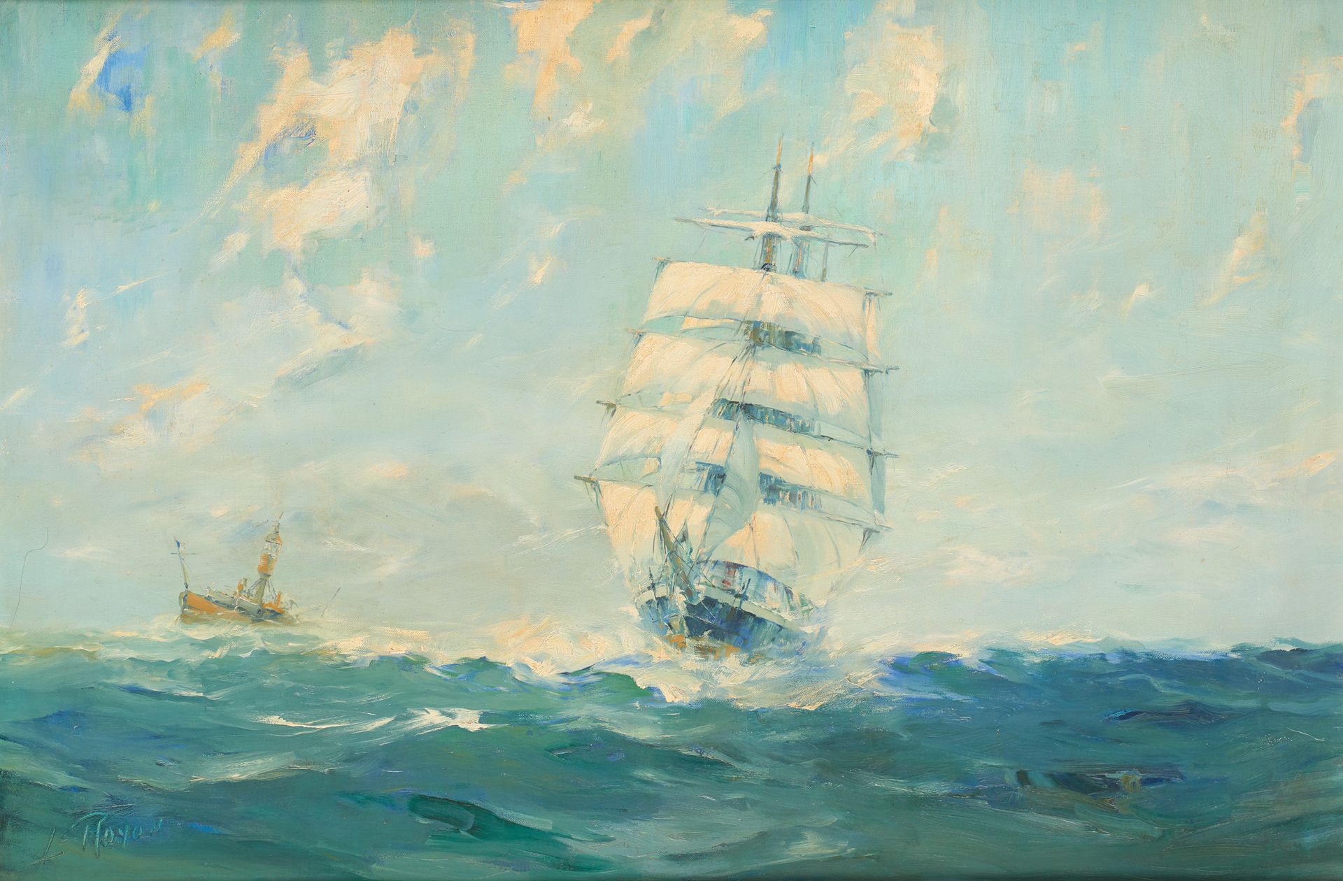 Louis ROYON École belge (1882-1968) 布面油画："43年7月的三桅帆船克雷吉斯拉号"。

签名：L. Royon，背面有标题。&hellip;
