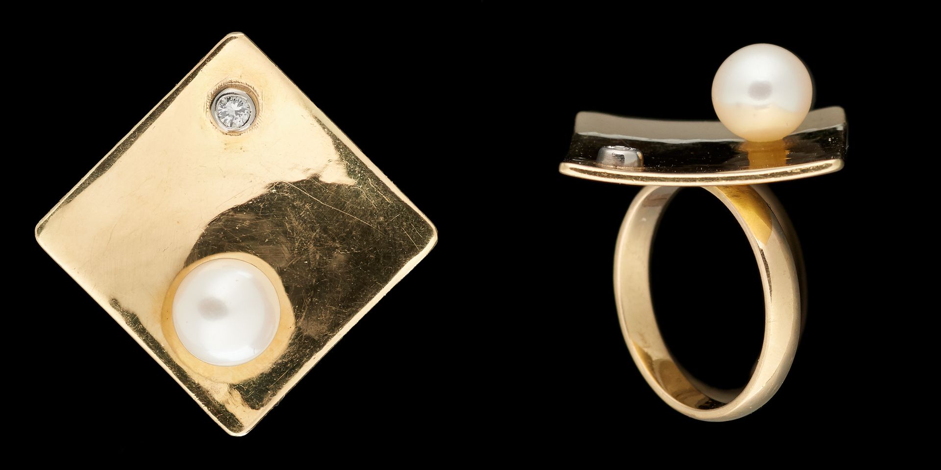 Joaillerie. 珠宝：黄金戒指，上面有一颗珍珠和一颗明亮式切割钻石。

手指尺寸: +/- 53,5