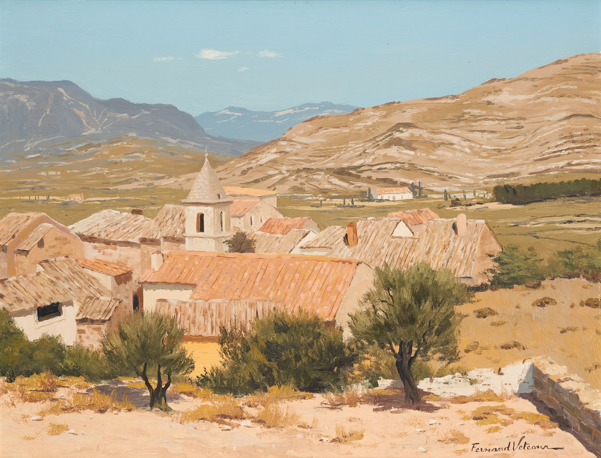 Fernand VETCOUR École belge (1908-2001) 板上油画：村上的风景。

签名：Fernand Vetcour。

尺寸：49,&hellip;