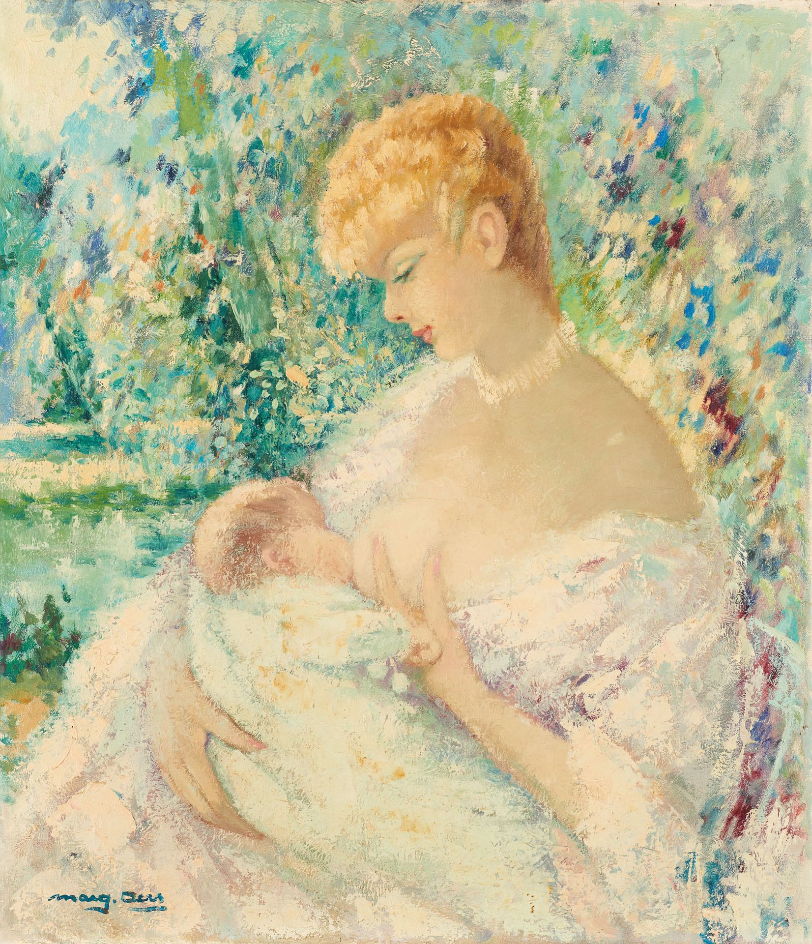 Marguerite AERS École belge (1918-1995) 
布面油画：母亲给孩子喂奶。





签名：玛格。Aers.

(petite&hellip;