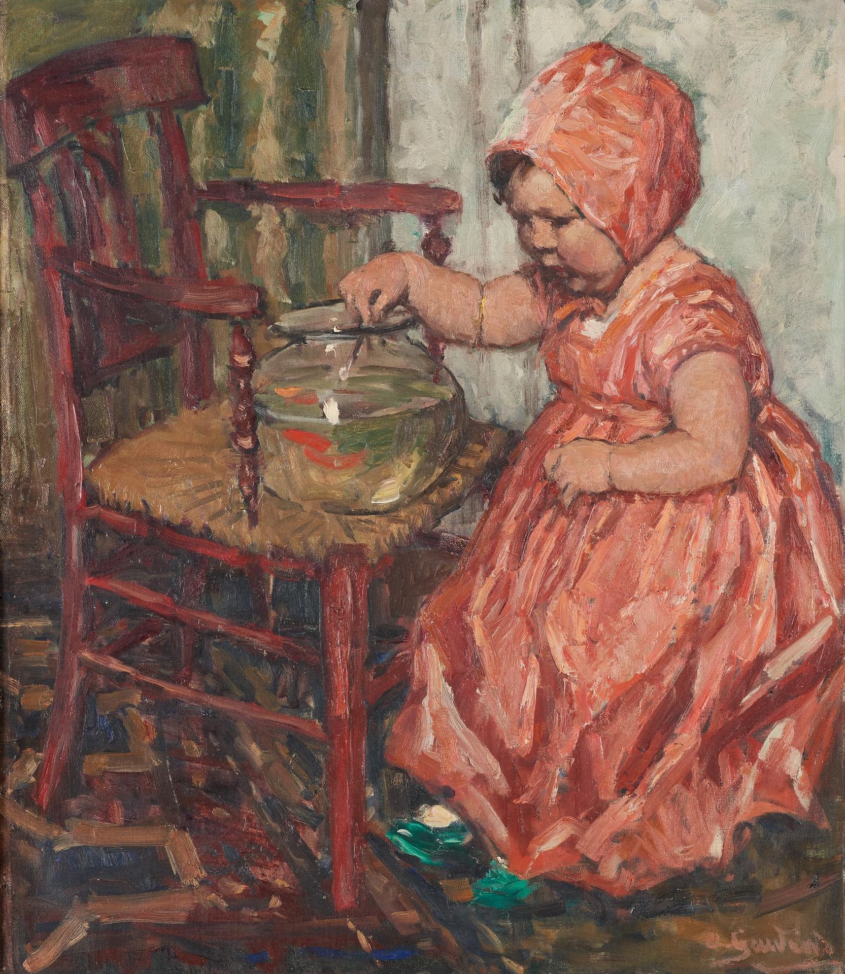 Albert GEUDENS École belge (1869-1949) Huile sur toile: L'enfant au poisson roug&hellip;
