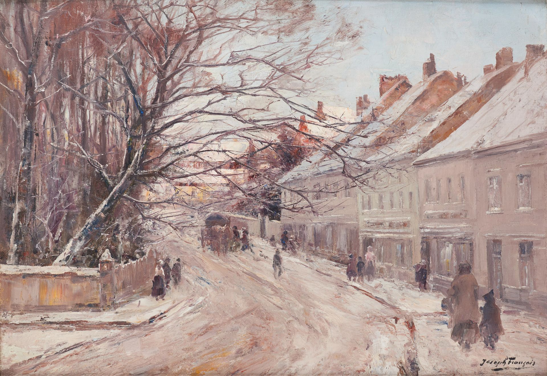 Joseph Charles FRANÇOIS École belge (1851-1940) 布面油画：雪下的动画街道。

签名：约瑟夫-弗朗索瓦。

尺寸：&hellip;