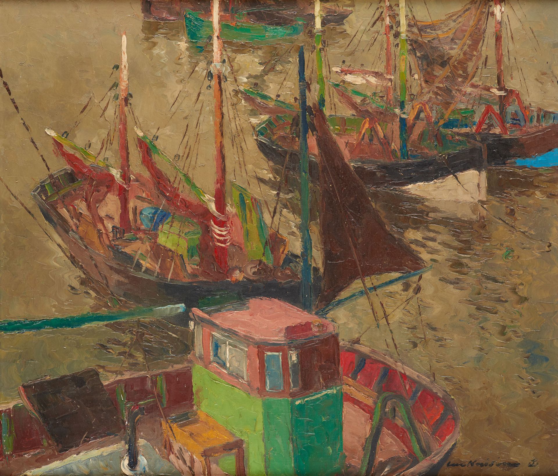 Luc KAISIN École belge (1901-1963) Óleo sobre lienzo: Barcos de pesca en el puer&hellip;
