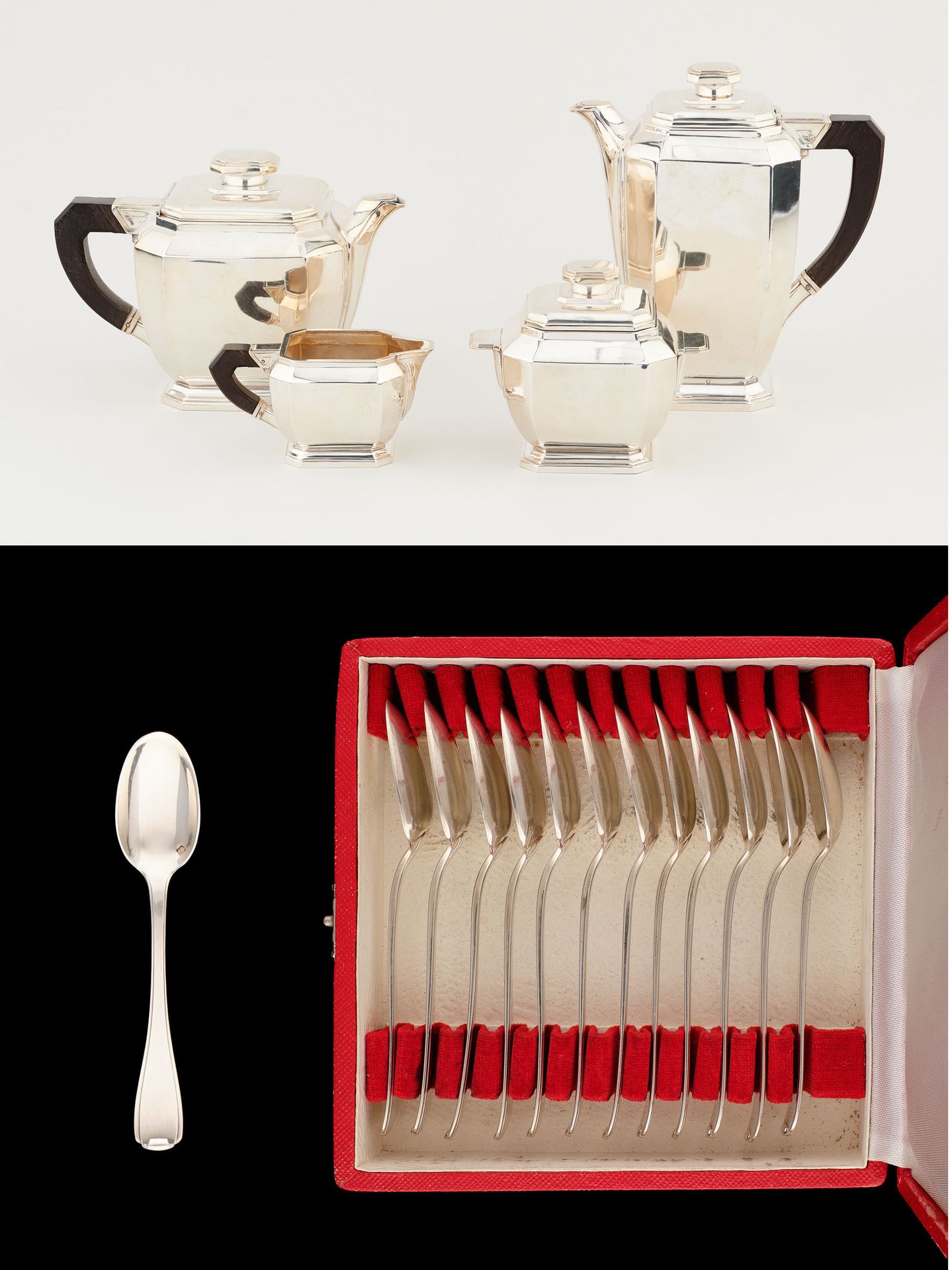 Travail français, d'époque Art Déco. 银器：银制咖啡和茶具，包括一个咖啡壶，一个茶壶，一个糖碗和一个牛奶壶，红木手柄，糖碗和&hellip;