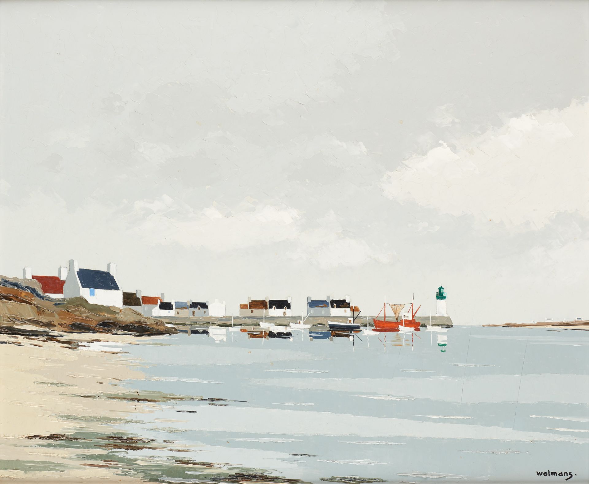 Jacques WOLMANS École belge (1919-1991) 板上油画：退潮时的布列塔尼港口。

签名：沃尔曼斯。

尺寸：50 x 60厘米&hellip;