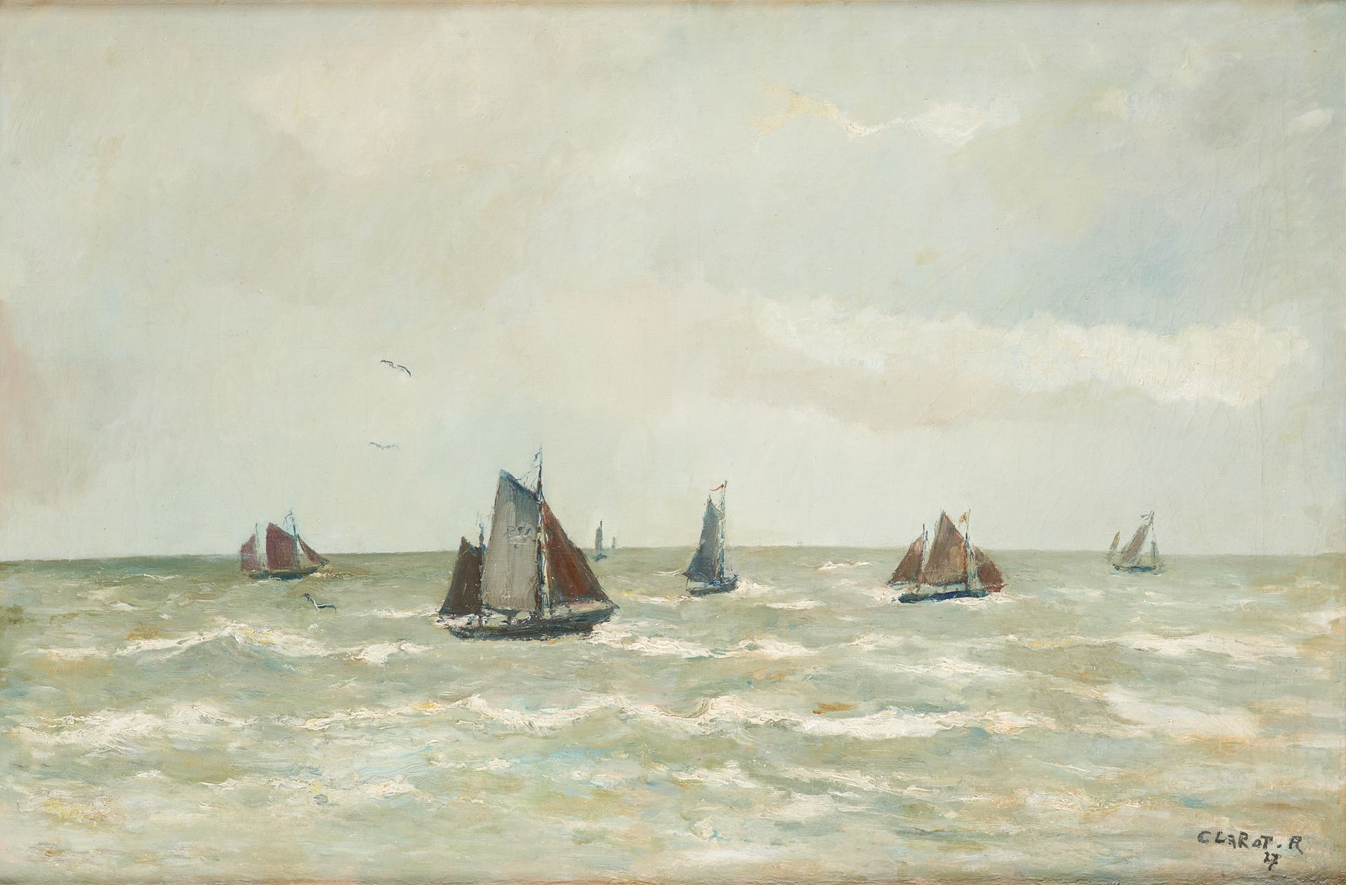 René CLAROT École belge (1882-1972) 布面油画：力争上游的帆船赛 4.

签名和日期：R. Clarot 27.

尺寸：60&hellip;
