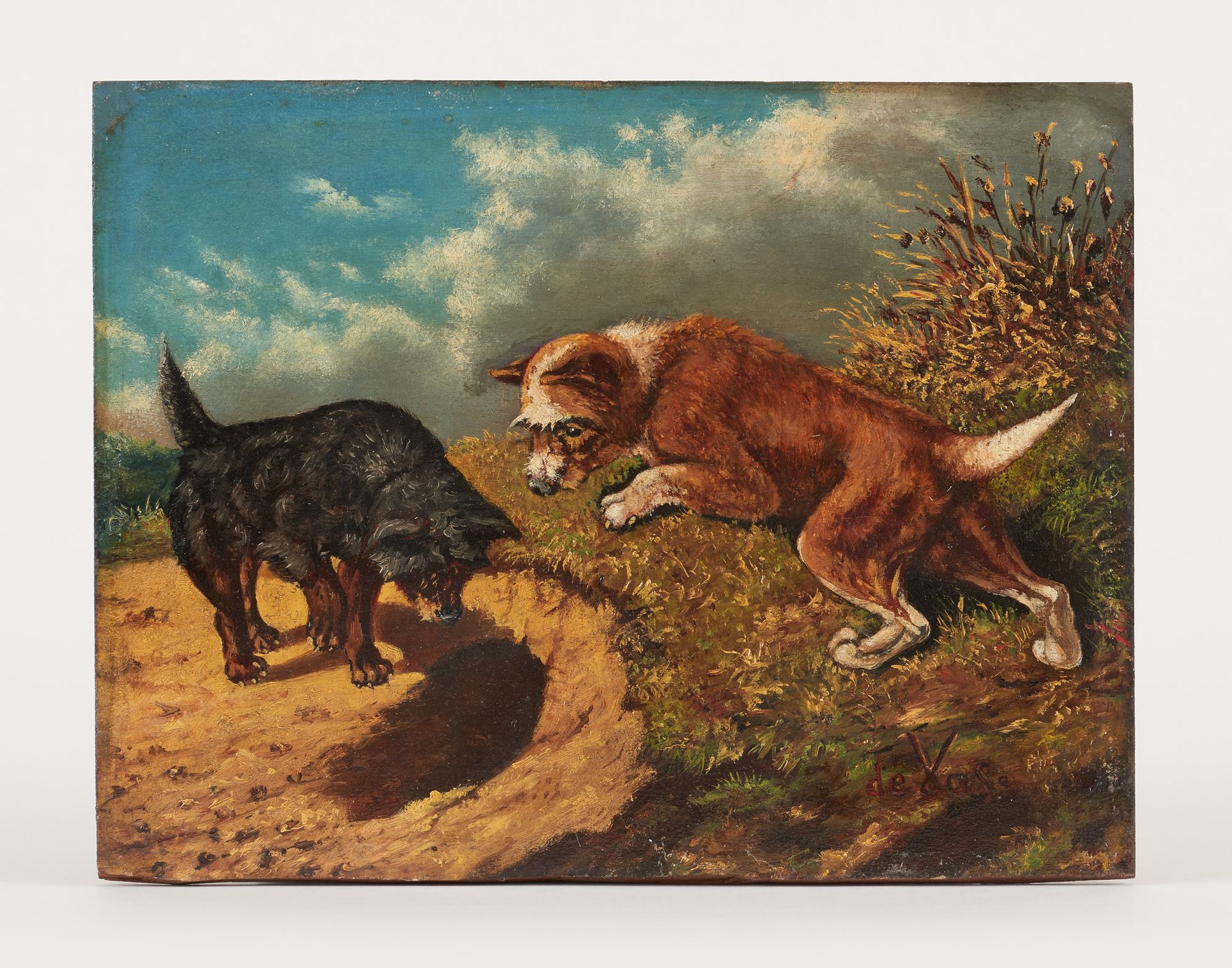Vincent DE VOS École belge (1829-1875) Huile sur panneau: Deux chiens au terrier&hellip;