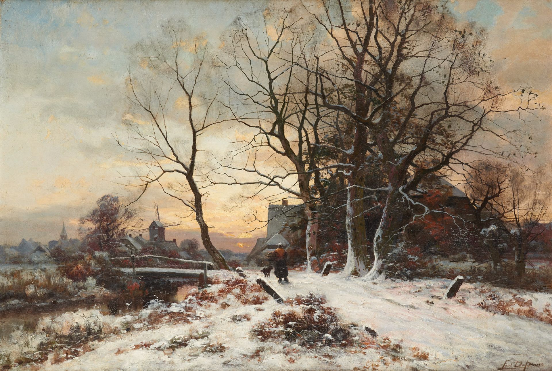 Ferdinand DE PRINS École belge (1859-1908) 布面油画：在雪景中返回村庄。

签名：F. De Prins。

尺寸：6&hellip;