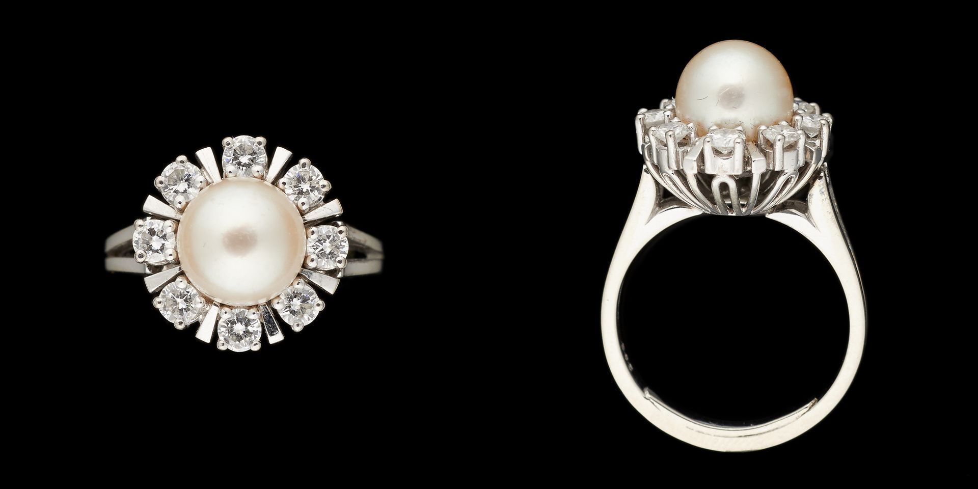 Joaillerie. 宝石：14K白金戒指，镶有一颗珍珠（5/6毫米）和钻石（+/- 0.75克拉）。

手指大小：+/-53。