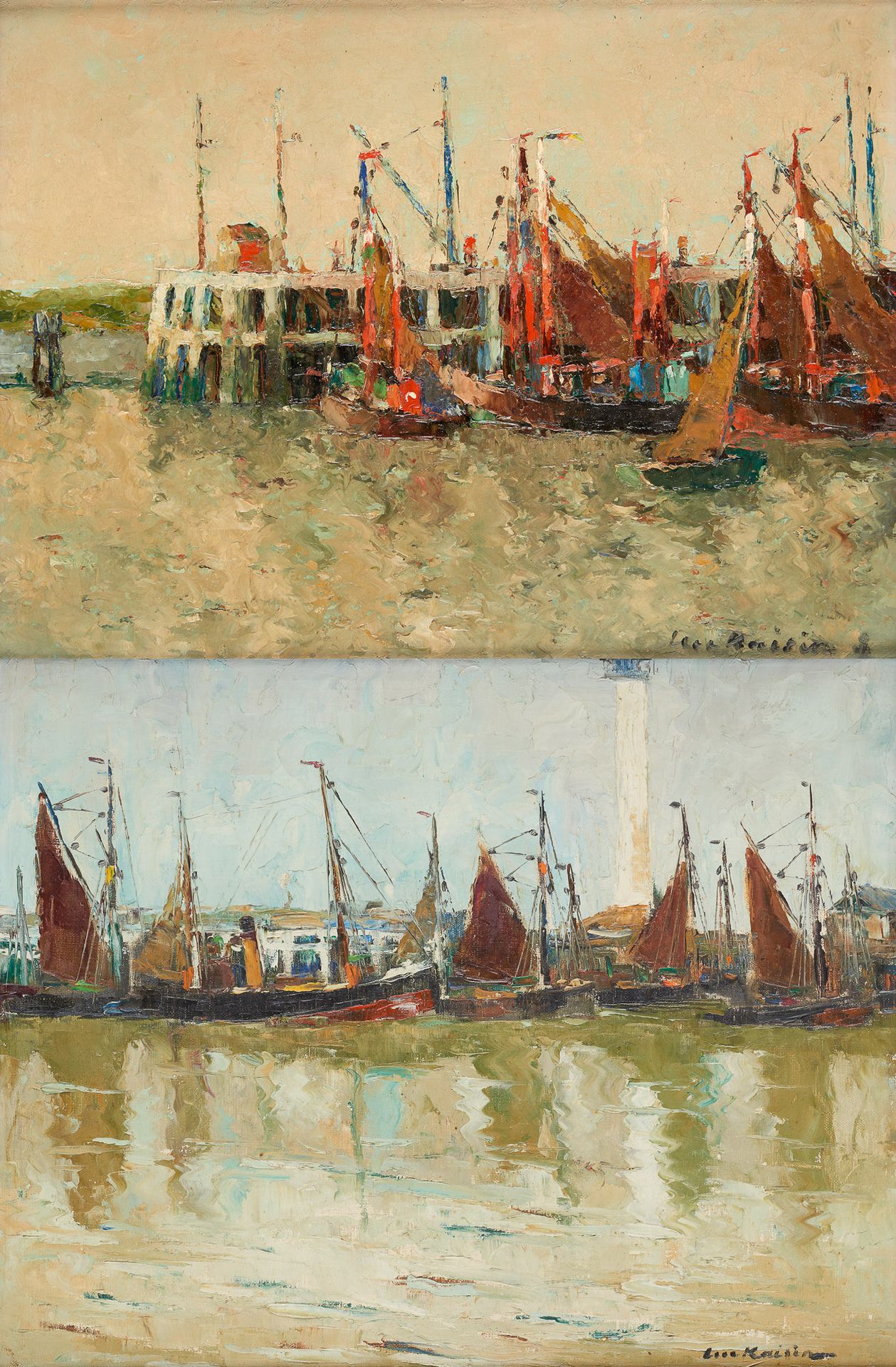 Luc KAISIN École belge (1901-1963) 布面油画和板面油画（一套两幅）。港湾里的渔船。

签名。吕克-凯辛。

尺寸：40 x 5&hellip;
