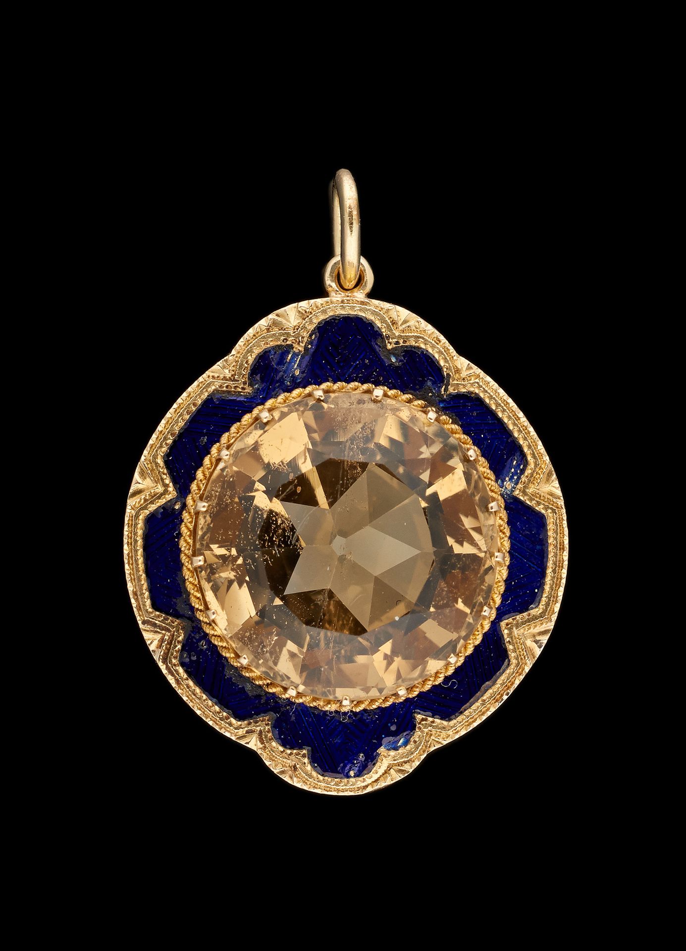Joaillerie. Jewel: Yellow gold pendant with a +/- 9 carat citrine and enamel.