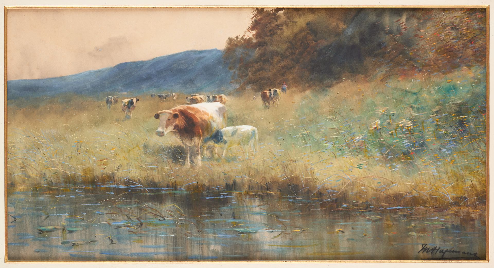 Maurice HAGEMANS École belge (1852-1917) 纸上水彩画：池塘边的牛群。

签名：M. Hagemans。

现附上一份文件&hellip;