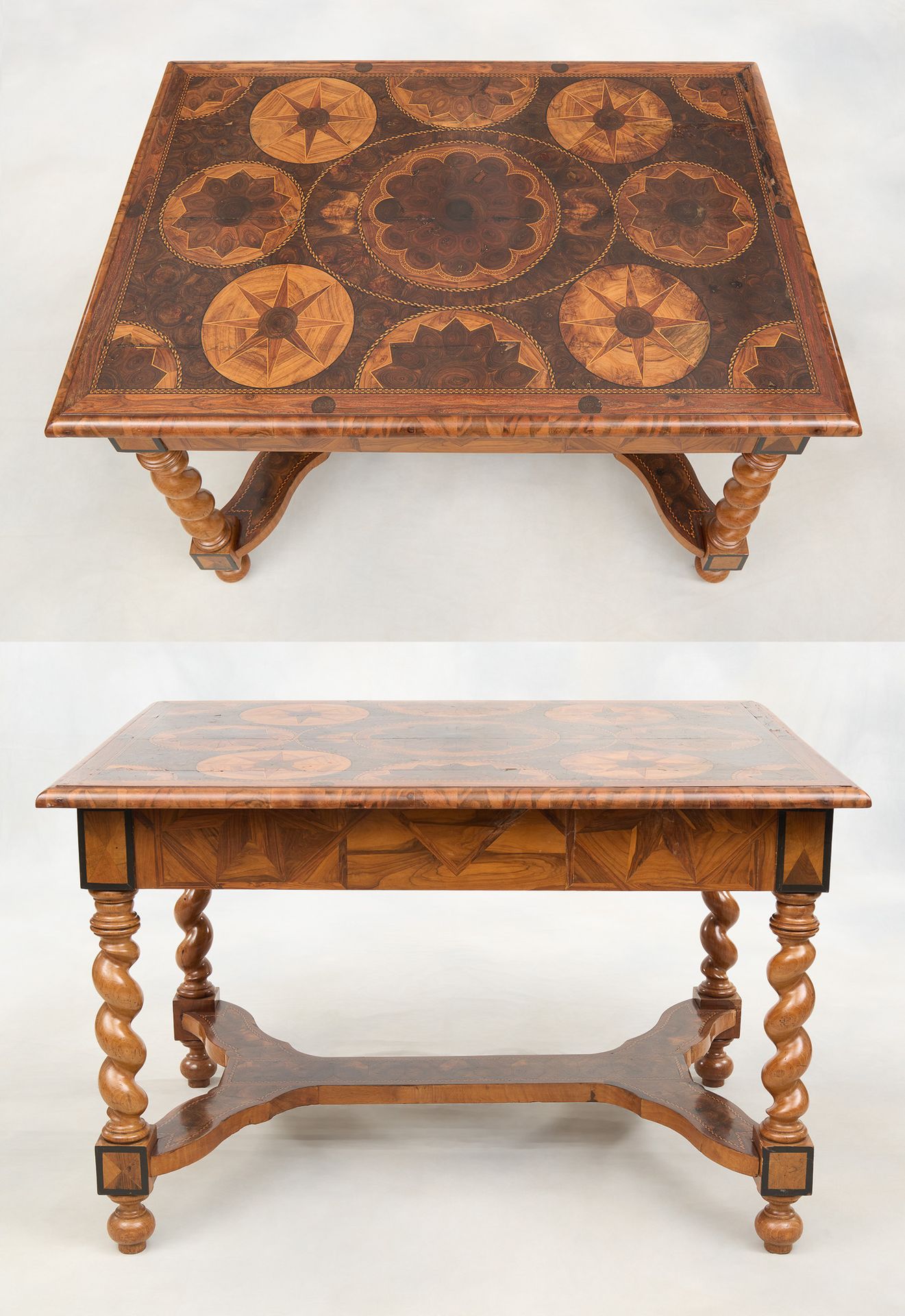 Travail hollandais 18e. 家具：用珍贵的木材，包括紫檀木、胡桃木、乌木和柠檬木制作的贴面和几何花纹镶嵌桌，带支架的扭曲腿。

(有待恢复)&hellip;