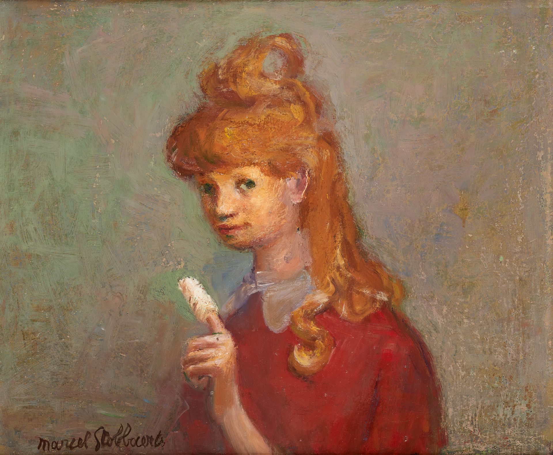 Marcel STOBBAERTS École belge (1899-1979) 布面油画：手指受伤的年轻女孩。

签名：马塞尔-斯托巴茨。

尺寸：36 x&hellip;
