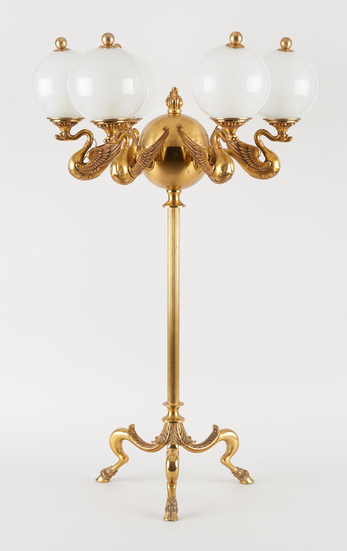 De style, circa 1950. Luminary: Pair of gilt bronze candelabras with six swans s&hellip;