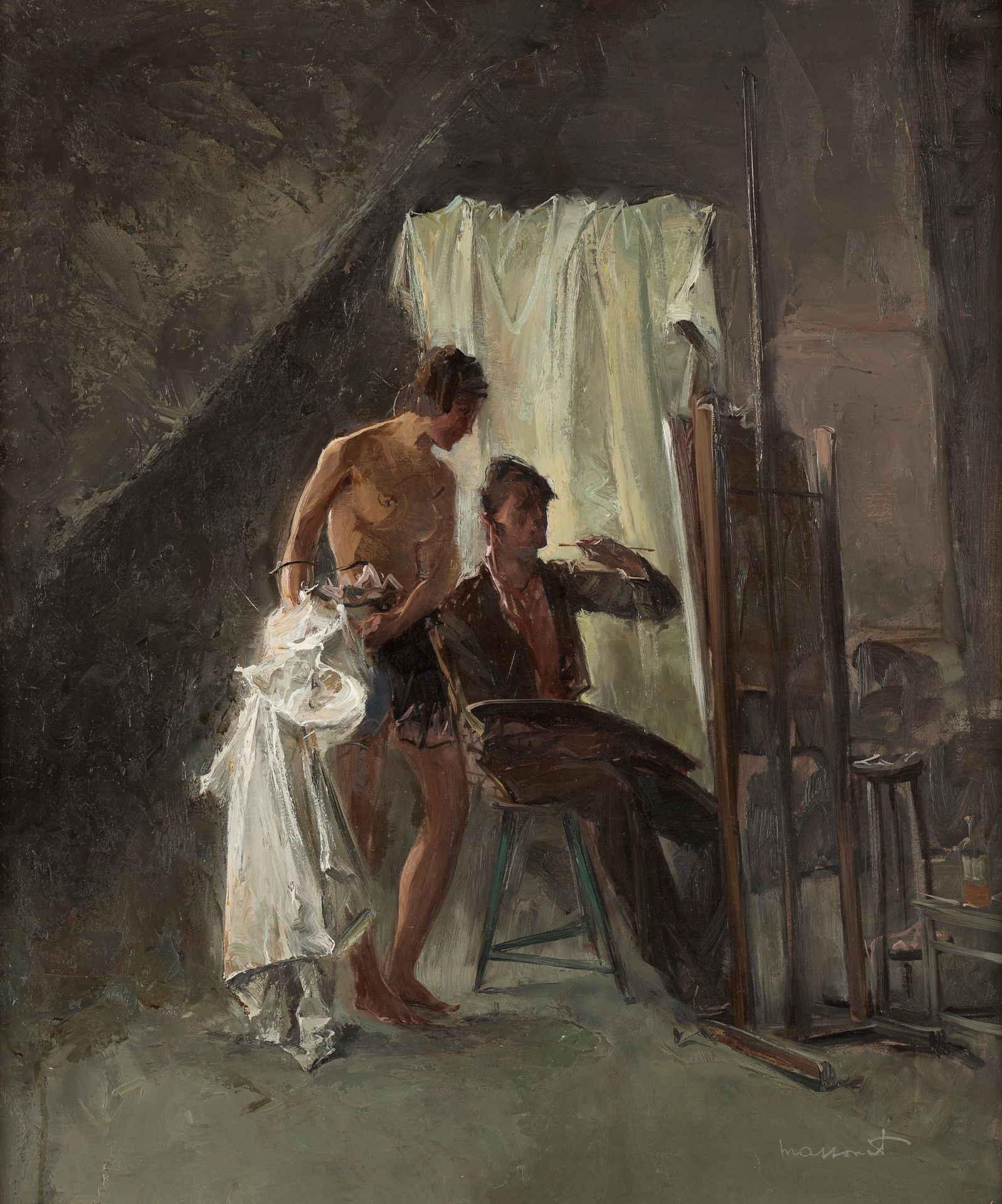 Armand MASSONET École belge (1892-1979) 布面油画：画家和他的模特在工作室。

签名：Massonet。

尺寸：60 x&hellip;