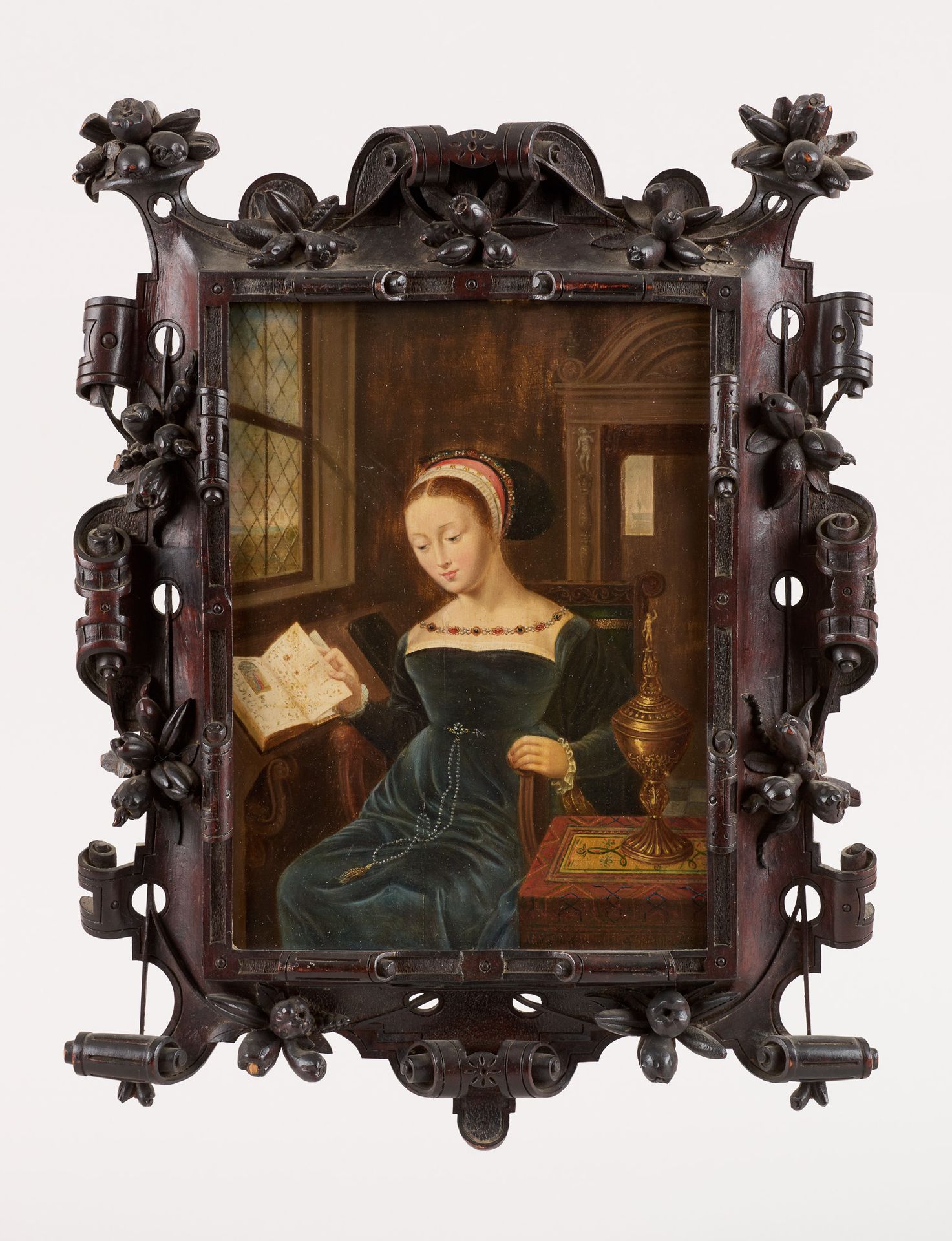 Ecole hollandaise circa 1800. 油画：年轻女子在室内阅读。

背面有蜡印。

在半数字的主人的味道。

尺寸：24 x 18,5厘米&hellip;