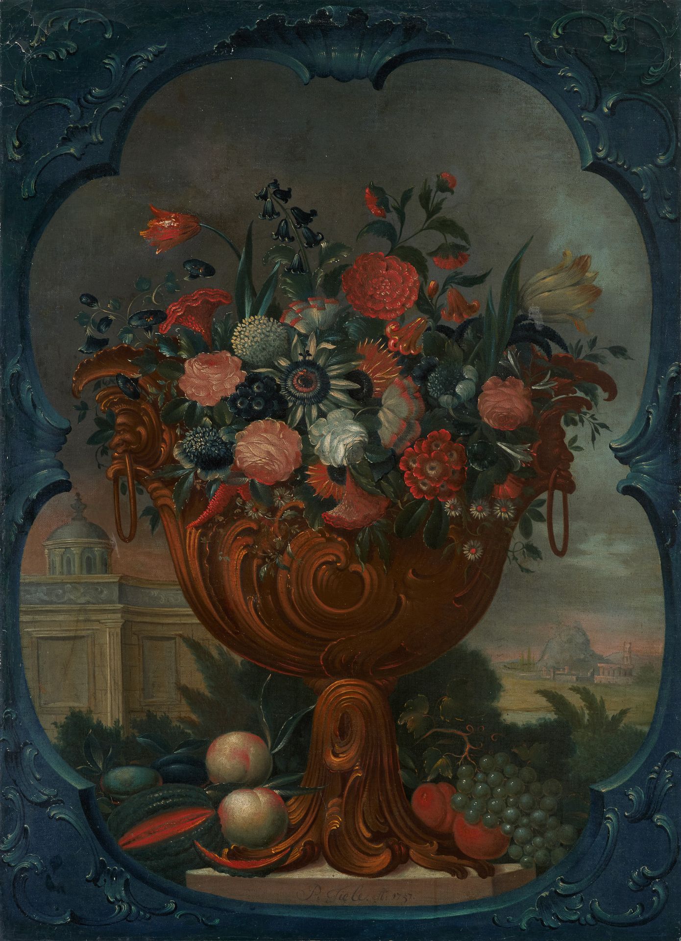 P. Fiele, travail du 18e. Huile sur toile (rentoilée): Composition florale sur e&hellip;