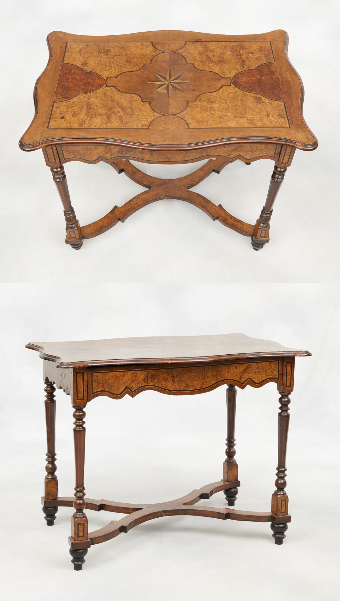 Travail mosan 19e. 一件家具：贴面和镶嵌的桌子，上面有风玫瑰的装饰，包括腰部的一个抽屉，靠在四个带支架的腿上。

尺寸：高：75 W：87 D&hellip;