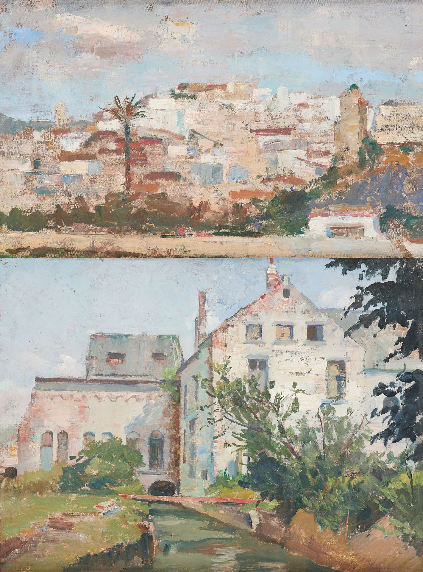 Éliane DE MEUSE École belge (1899-1993) 板面油画和布面油画（一套两幅）："1962年的西班牙阿尔穆尼卡村 "和 "水边的&hellip;
