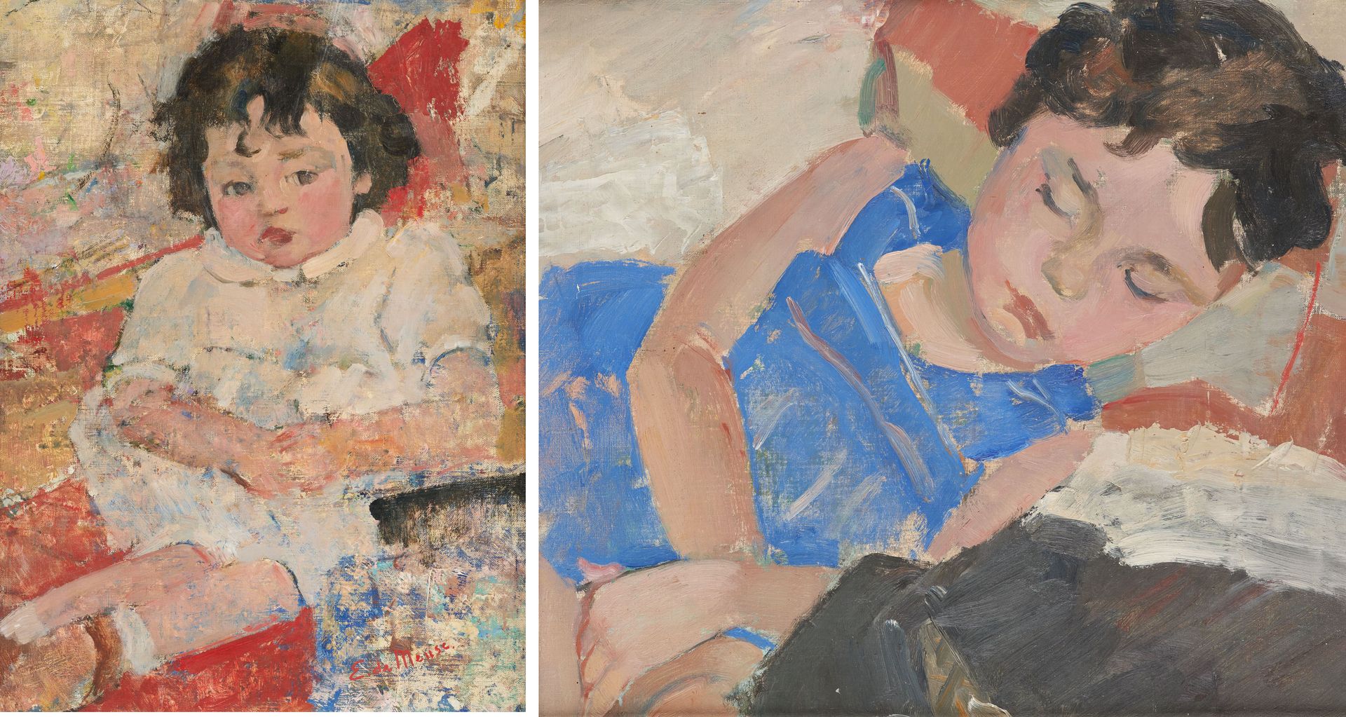 Éliane DE MEUSE École belge (1899-1993) 布面油画和板面油画（一套两幅）。儿童的肖像。

一幅署名：E. De Meuse&hellip;