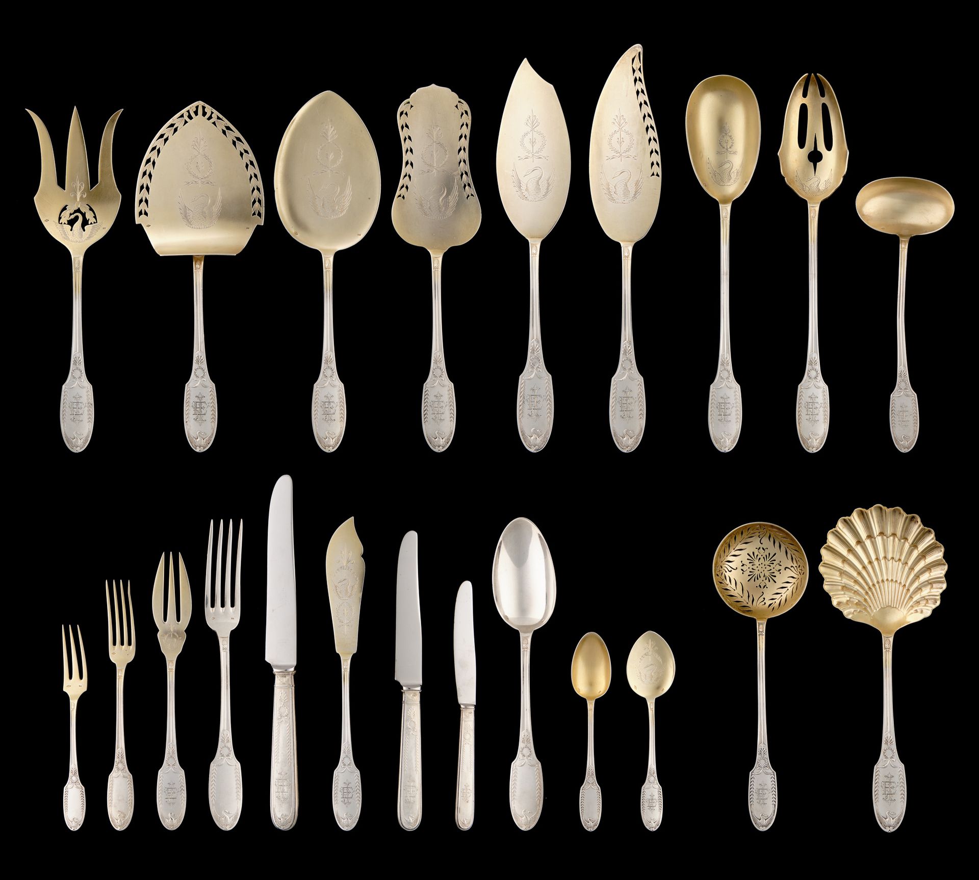Emile PUIFORCAT. 
Silverware: A large finely chased silver household set, consis&hellip;