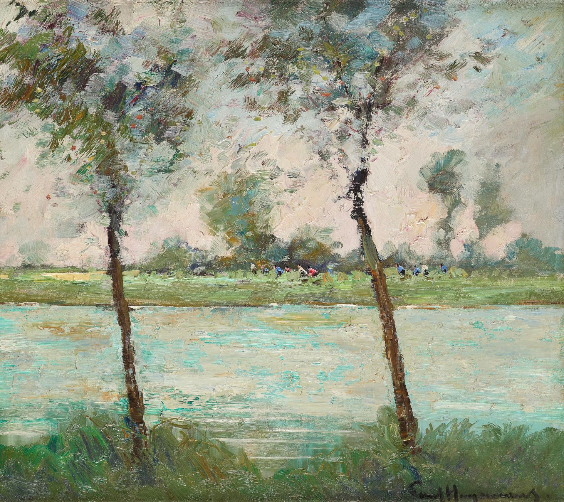 Paul HAGEMANS École belge (1884-1959) Oil on canvas: Cyclists on the canal.

Sig&hellip;