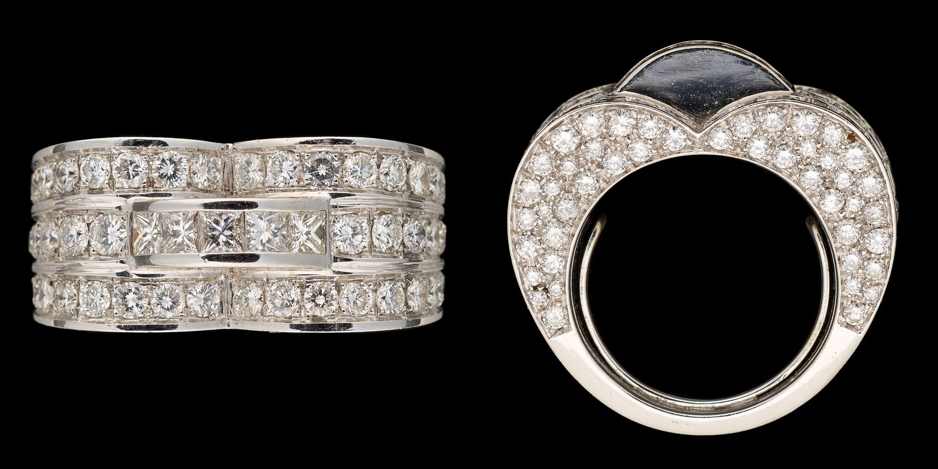 Joaillerie. 珠宝：白金戒指，镶有明亮式切割和公主式切割的钻石，重量为+/-9克拉。

手指大小：+/-56。