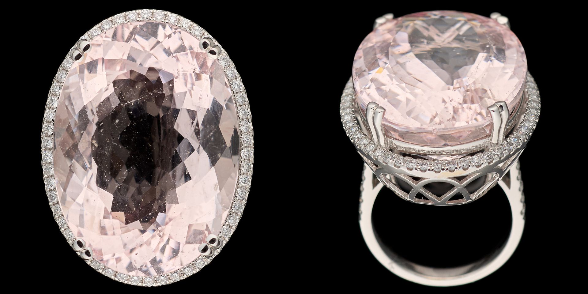 Joaillerie. 珠宝：白金戒指，镶有+/-44克拉的摩根石和+/-1.38克拉的明亮式切割钻石。

附有文件，包括LFG证书。

手指大小：+/-52。