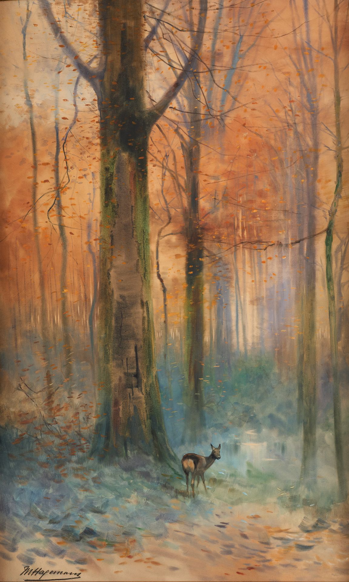 Maurice HAGEMANS École belge (1852-1917) Aquarelle sur papier: Biche en forêt.

&hellip;