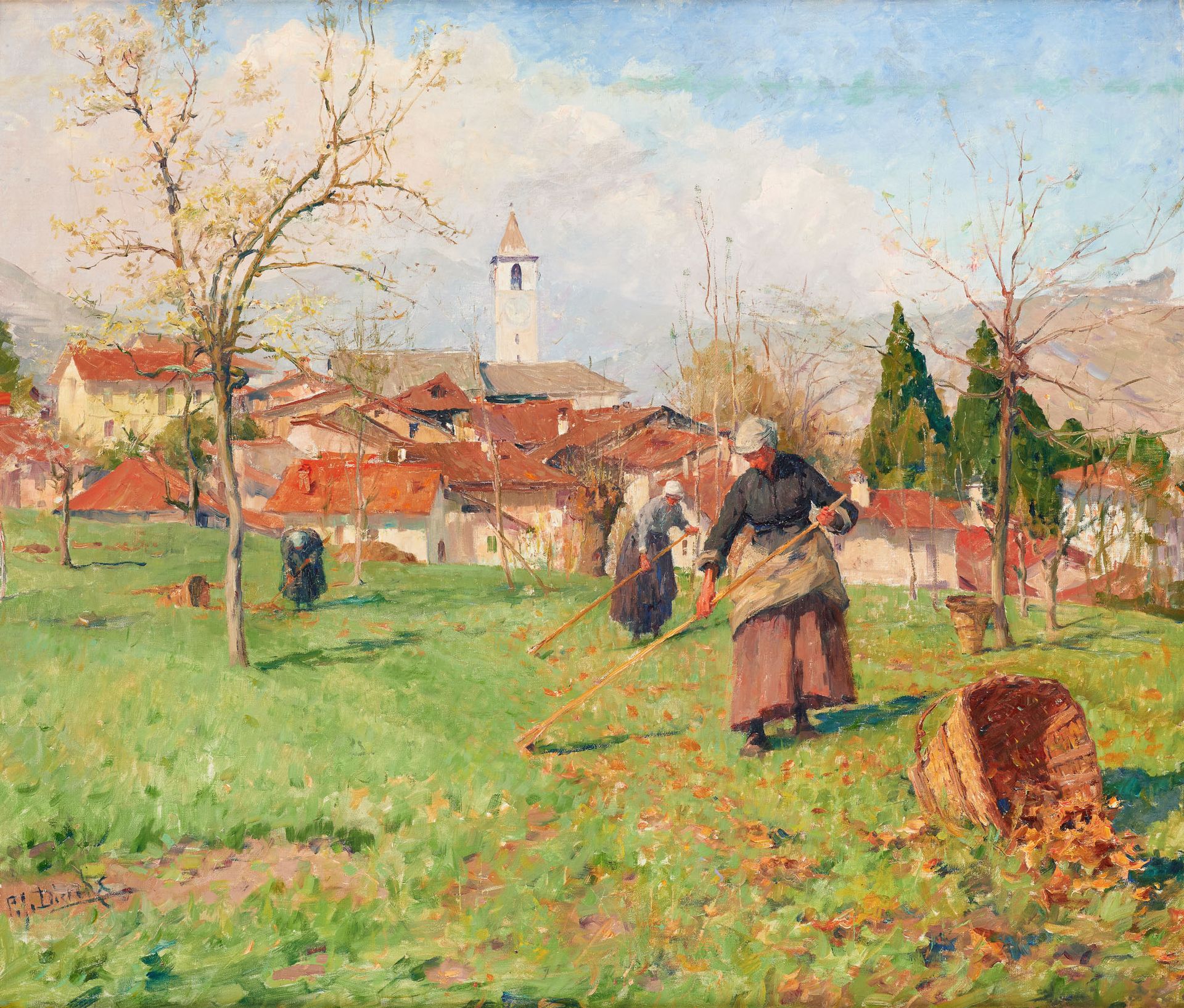 Pierre Jacques DIERCKX École belge (1855-1947) 布面油画：扫树叶的人，在科莫湖地区。

签名：P.J. Dierc&hellip;
