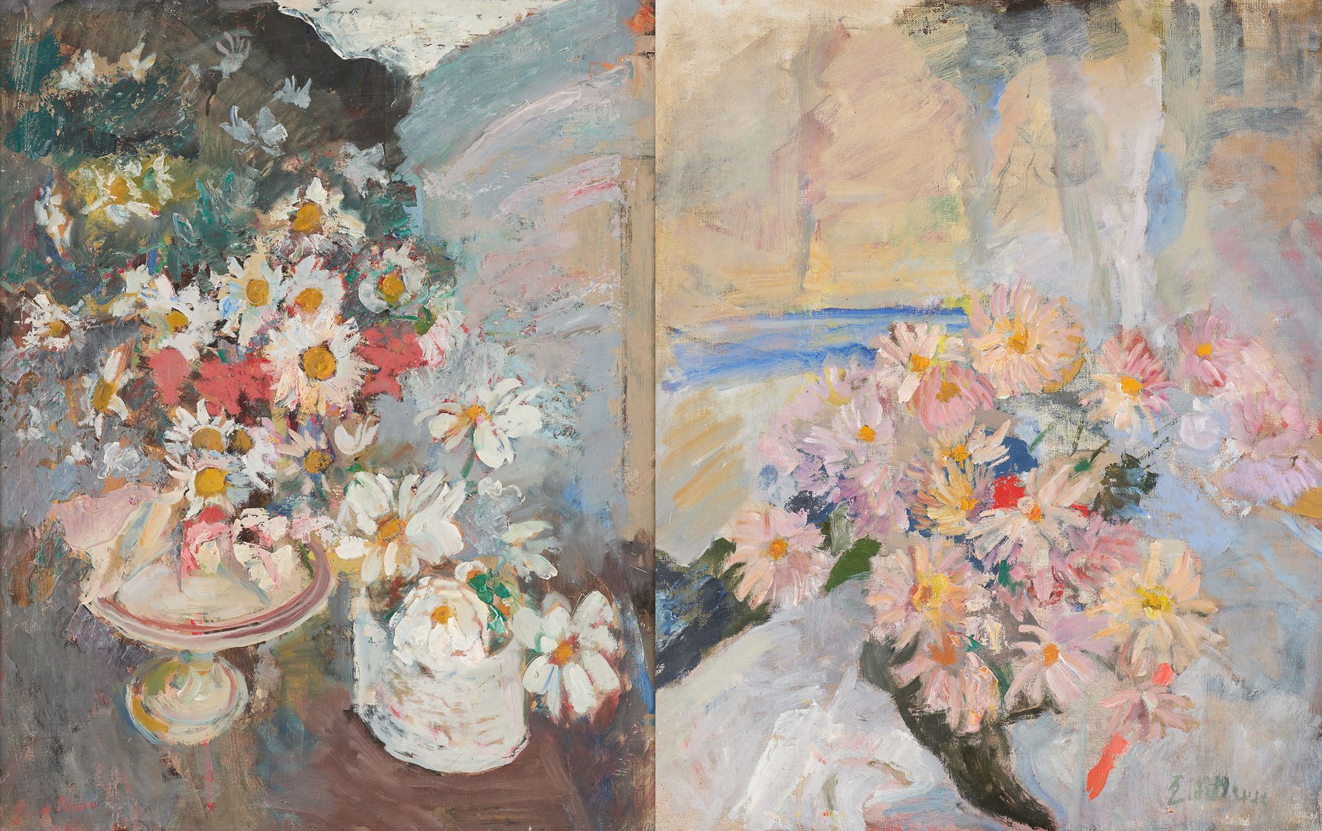 Éliane DE MEUSE École belge (1899-1993) 油画板上和一个油画布上（一套两件）。春天的花卉构图。

签名：E. De Meu&hellip;
