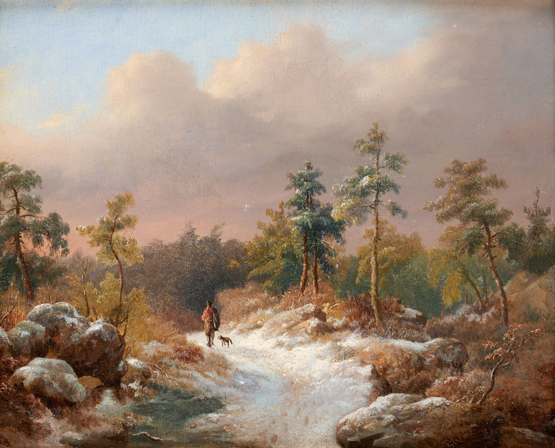 Frederik Marianus KRUSEMAN École hollandaise (1816-1882) 板面油画：一个散步者和他的狗在雪道上。

签名&hellip;