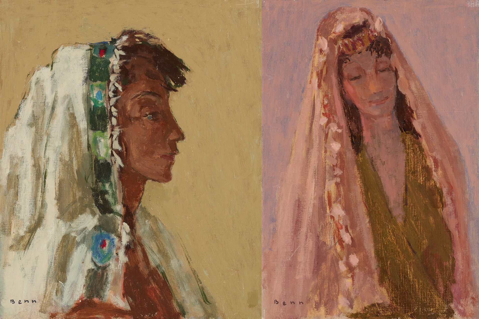 BENN École belge (1950) 裱在纸板上的布面油画（一套两幅）：《闭眼的女人》和《吉普赛女人》。

签名：Benn，标签上提到Stéphane&hellip;