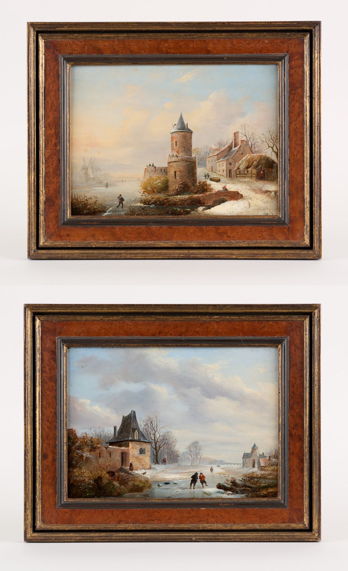 Travail hollandais 19e. Oil on panel (set of two): Skaters on a frozen inlet.

(&hellip;