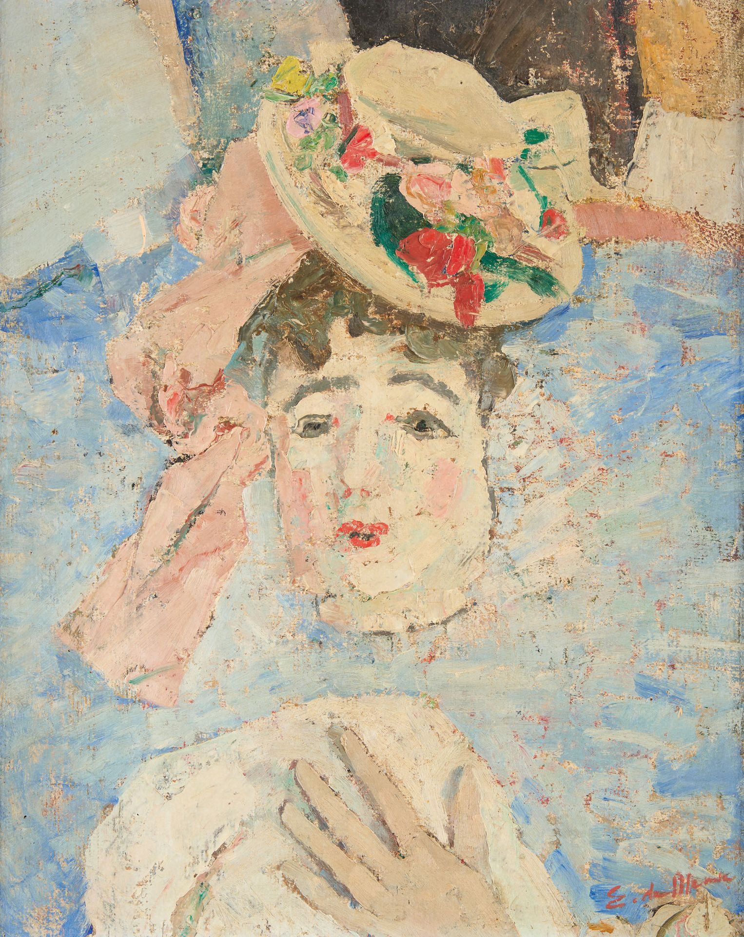 Éliane DE MEUSE École belge (1899-1993) 板面油画：戴花帽的年轻女子的肖像。

签名：E. De Meuse。

尺寸：5&hellip;
