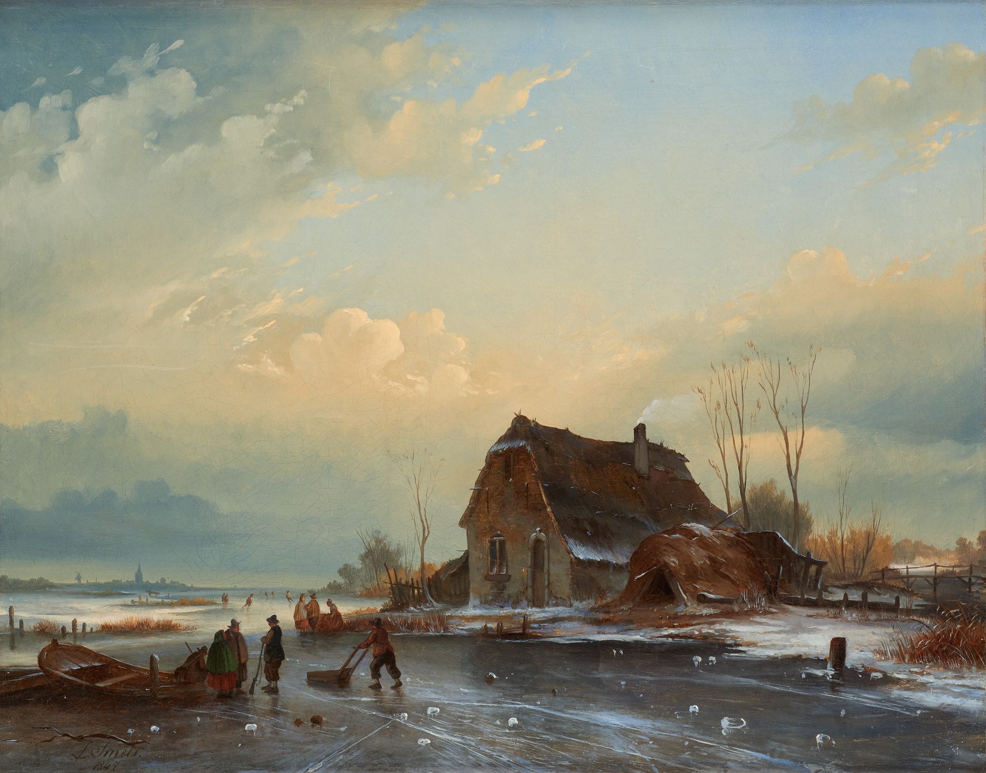 L. Smets (École belge 19e) Oil on canvas (lined): Winter landscape with skaters.&hellip;