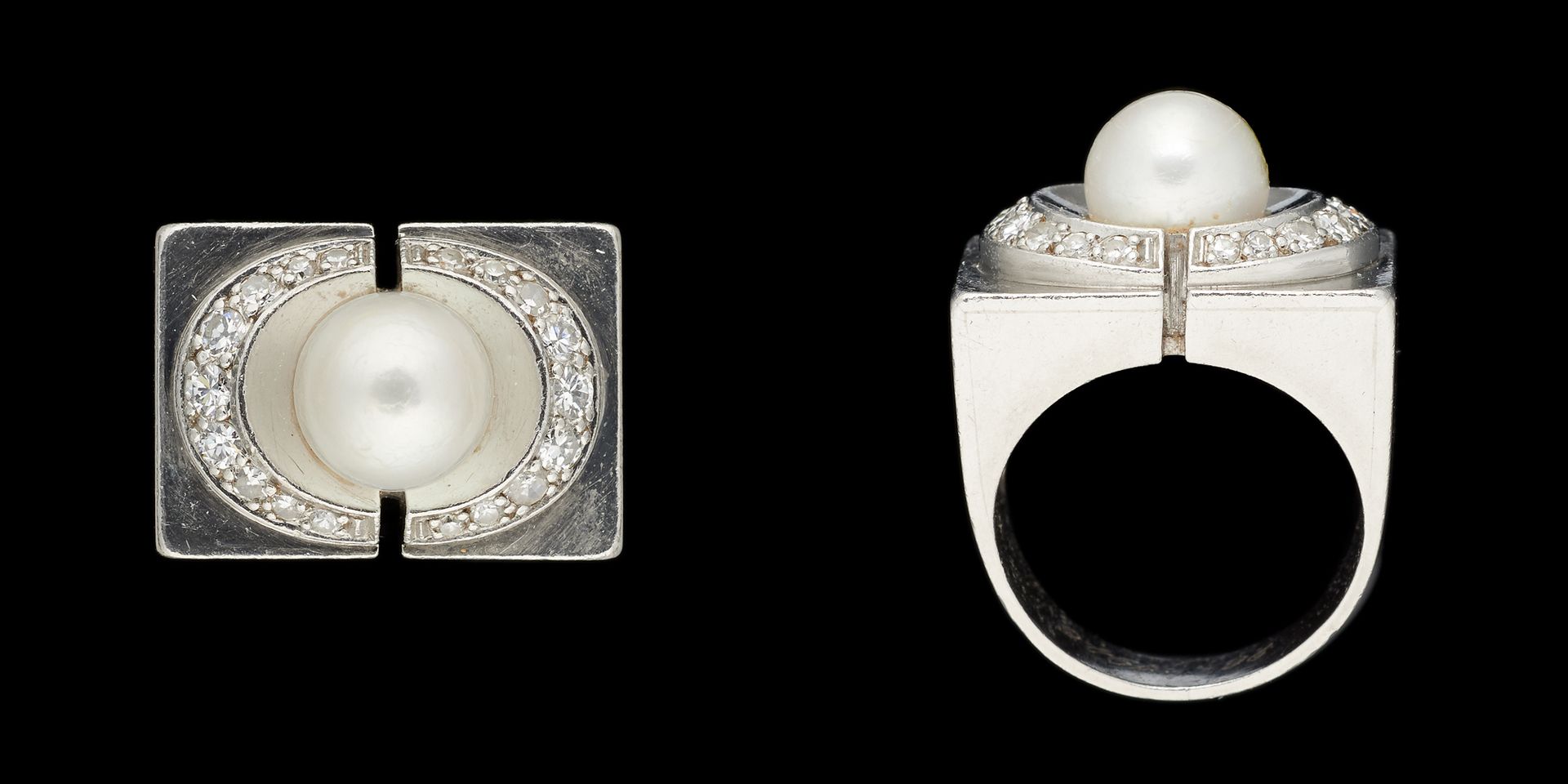 Joaillerie. 珠宝：铂金戒指，镶嵌老式切割钻石和一颗养殖珍珠。

手指大小：+/- 54,5。