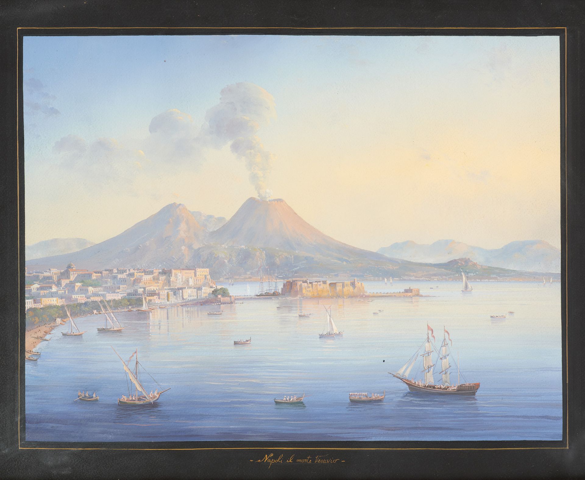 Travail italien 20e. 纸上水粉画："Napoli il monte Vesuvio"。

题目是。

尺寸：图像35 x 46厘米。