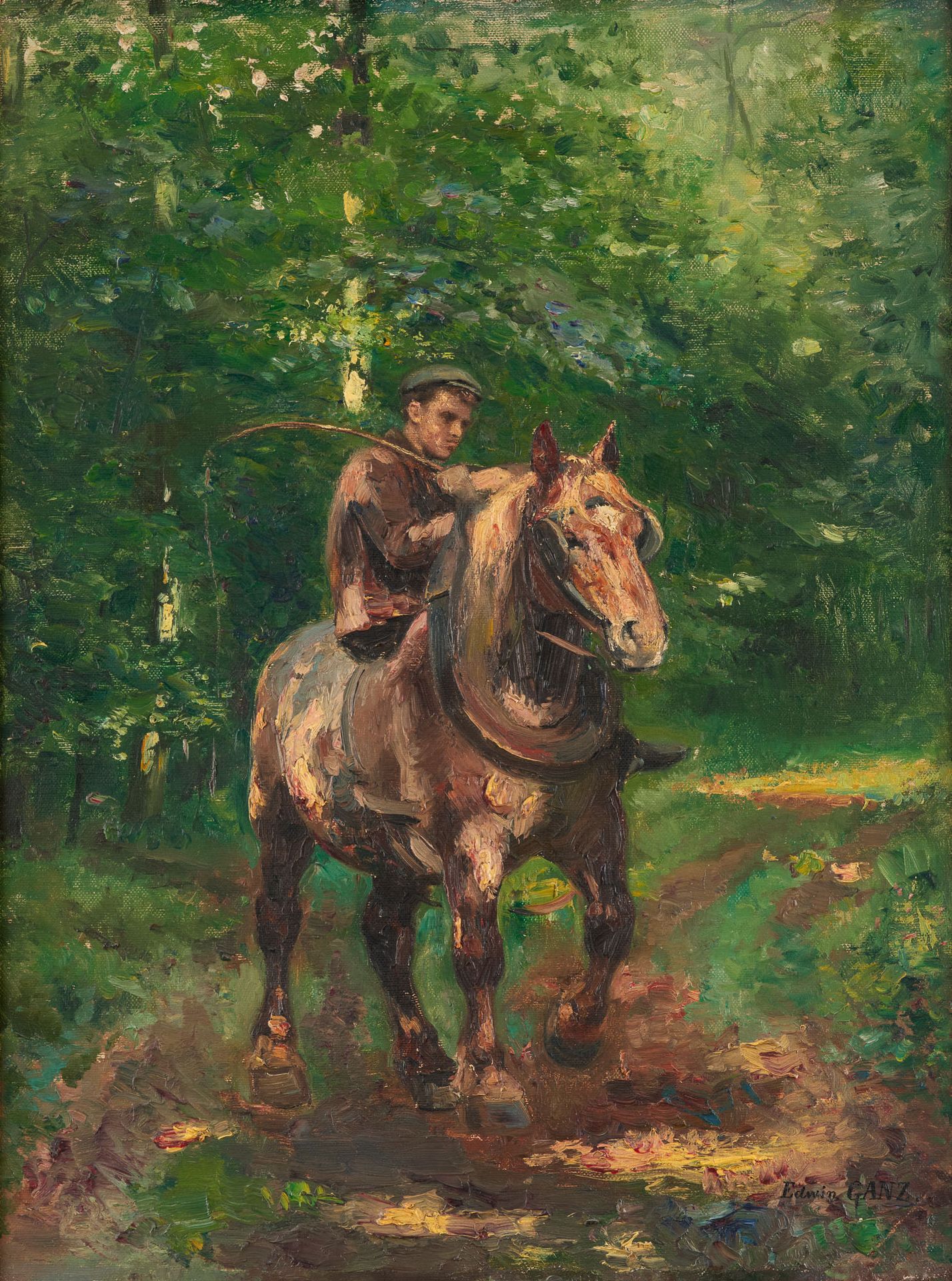 Edwin GANZ École belge (1871-1957) 布面油画：骑士从森林中走出来。

签名：埃德温-甘孜。

尺寸：73 x 56厘米。