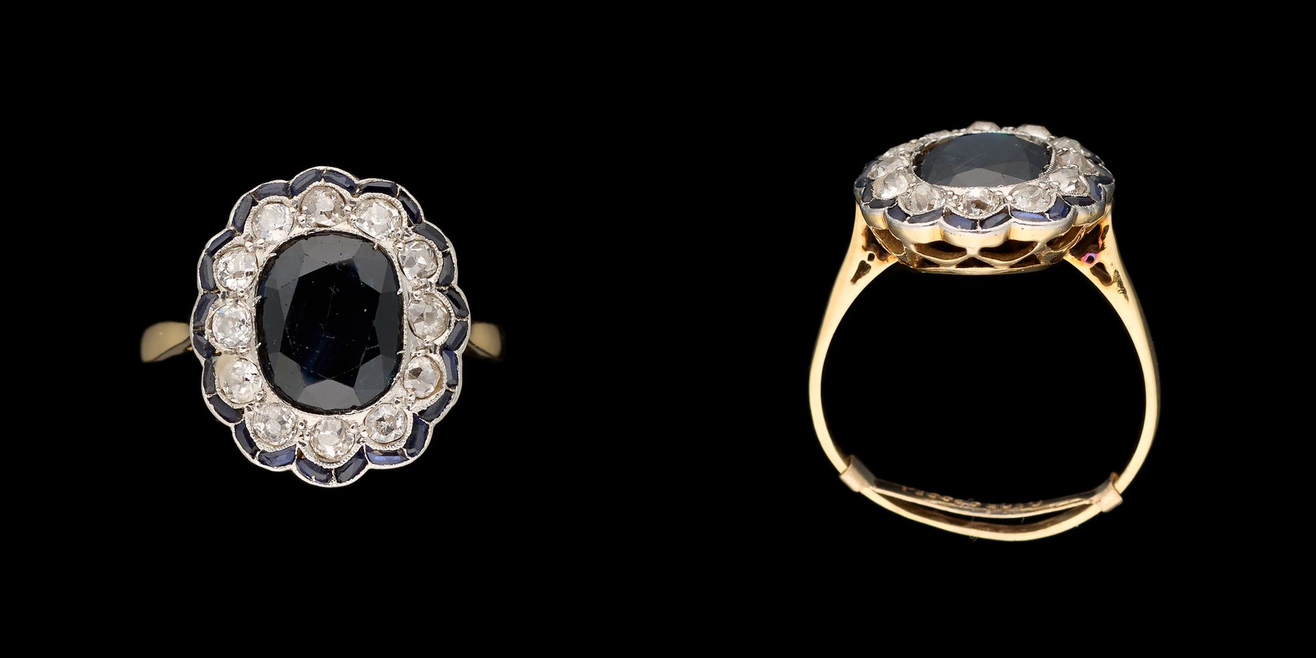 Joaillerie. 宝石：黄金上的铂金戒指，镶有一颗+/-1.60克拉的澳大利亚蓝宝石，老式切割钻石和校准蓝宝石。

手指大小：+/-51。