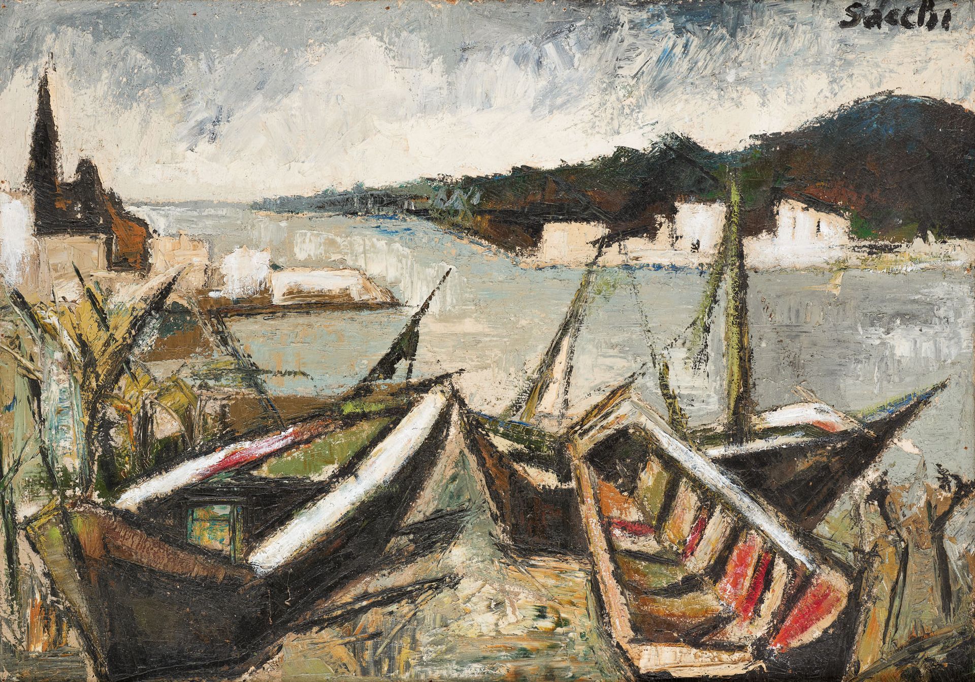 Sacchi (École italienne 20e) 布面油画：退潮时的港口。

签名：萨克奇。

尺寸：66 x 92厘米。