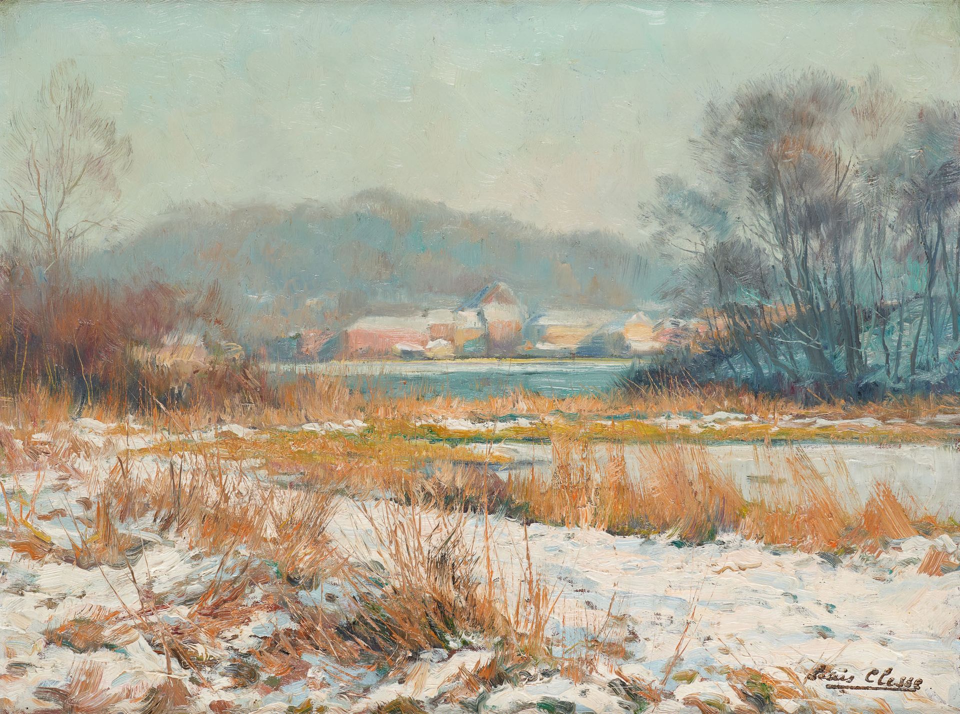 Louis CLESSE École belge (1889-1961) Oil on canvas: Snowy river bank.

Signed wi&hellip;