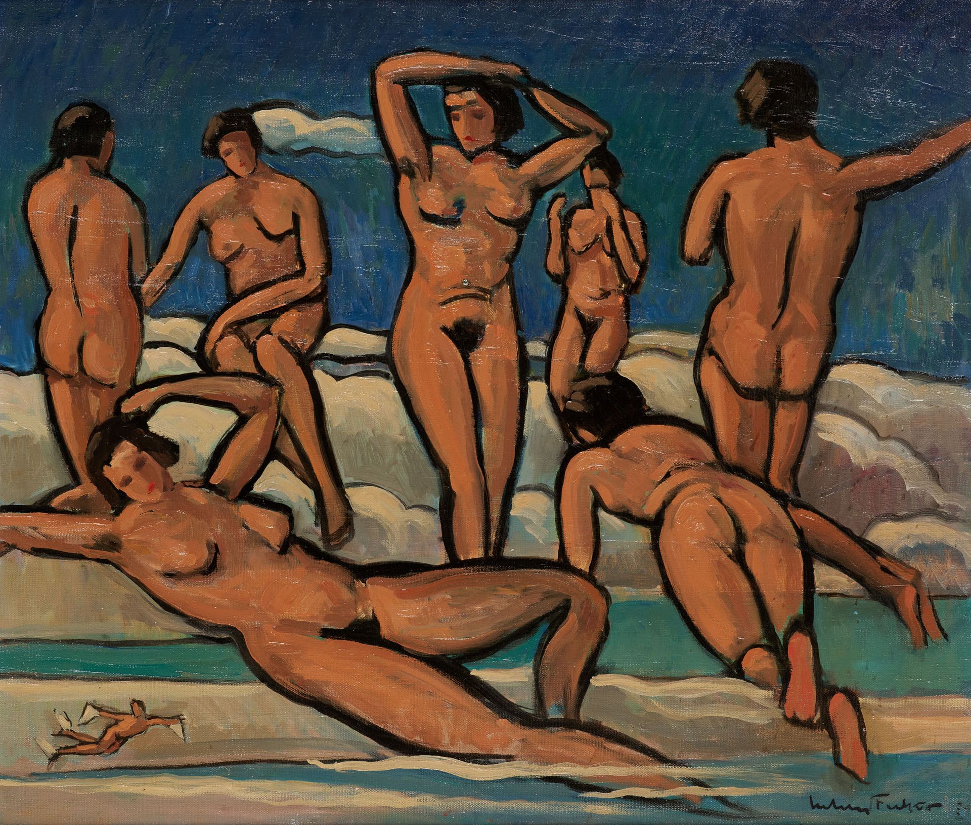 Julien FICHER École belge (1888-1989) Huile sur toile: Baigneuses.

Signée: Juli&hellip;