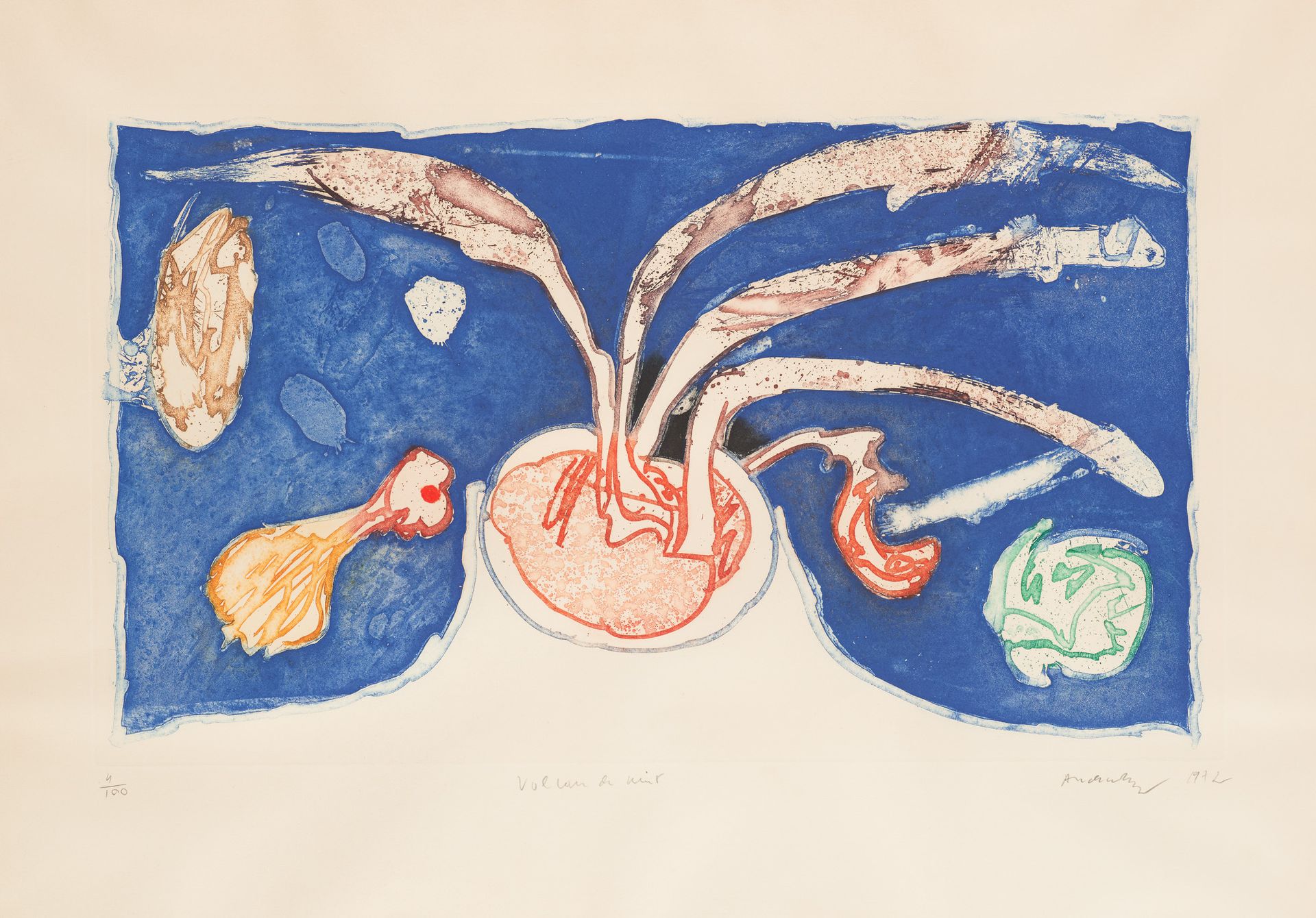 Pierre ALECHINSKY École belge (1927) 版画，纸上蚀刻和水印："火山夜色"。

版面外有标题、签名和日期：Alechinsky&hellip;