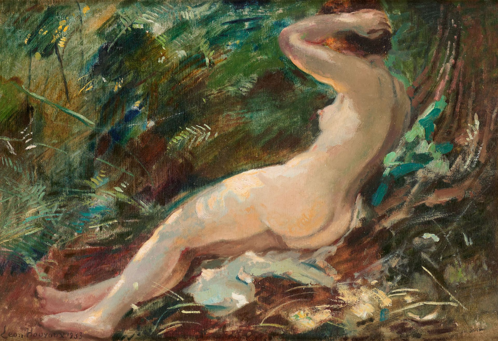 Léon HOUYOUX École belge (1856-1940) Oil on panel: Young naked woman in a wood.
&hellip;