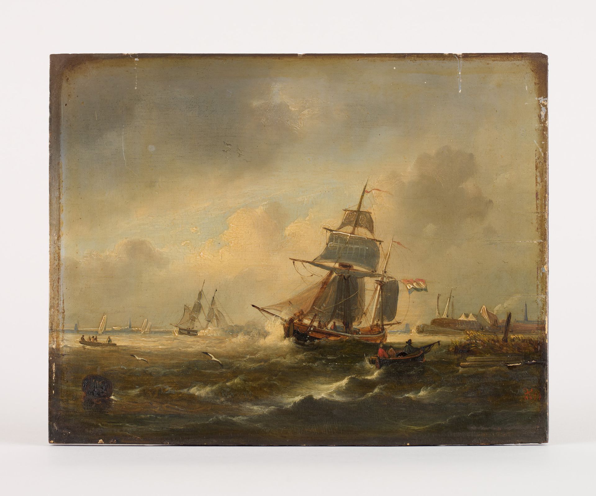 Egide LINNIG École belge (1821-1860) 板上油彩（分割）。渔民离去。

有图案和日期：EL为Égide Linnig 1865&hellip;