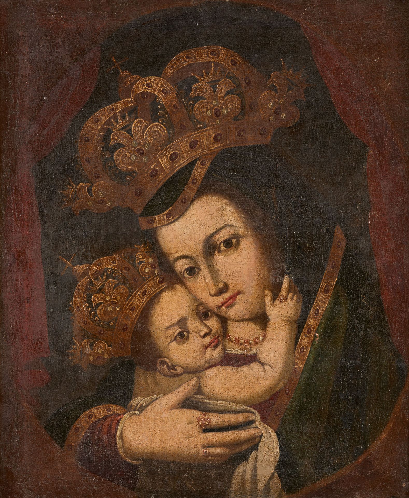 Amérique latine circa 1800. 布面油画：加冕的圣母和儿童。

尺寸：58 x 48厘米。