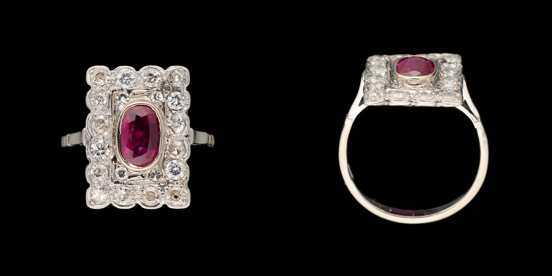 Joaillerie. 珠宝：白金戒指，镶有+/- 1克拉的红宝石和+/- 1.10克拉的老式切割钻石。

手指大小：+/-53。